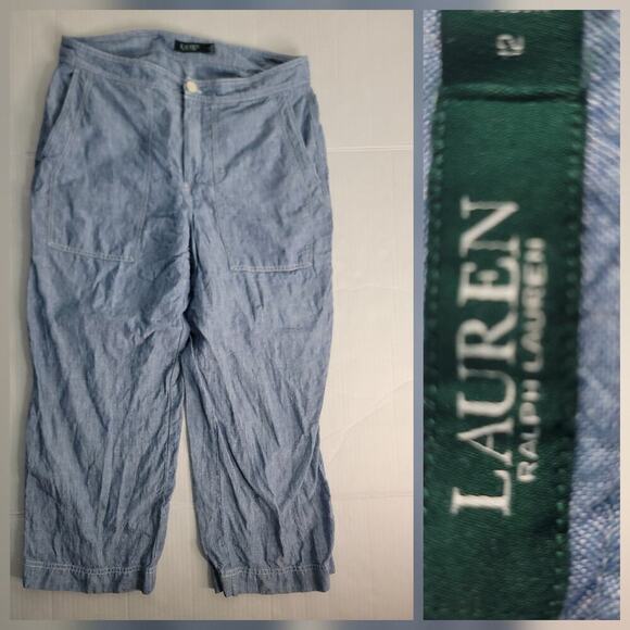 Lauren Ralph Lauren Linen Pants Womens Sz 12 Crop Wide Leg Pockets Chambray - Picture 1 of 10